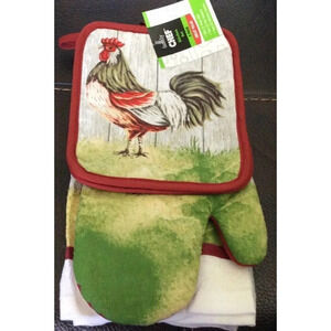 5 Piece Kitchen Set Rooster Chicken Oven Mitt 2 Kitchen Towels 2 Pot Holders NEW